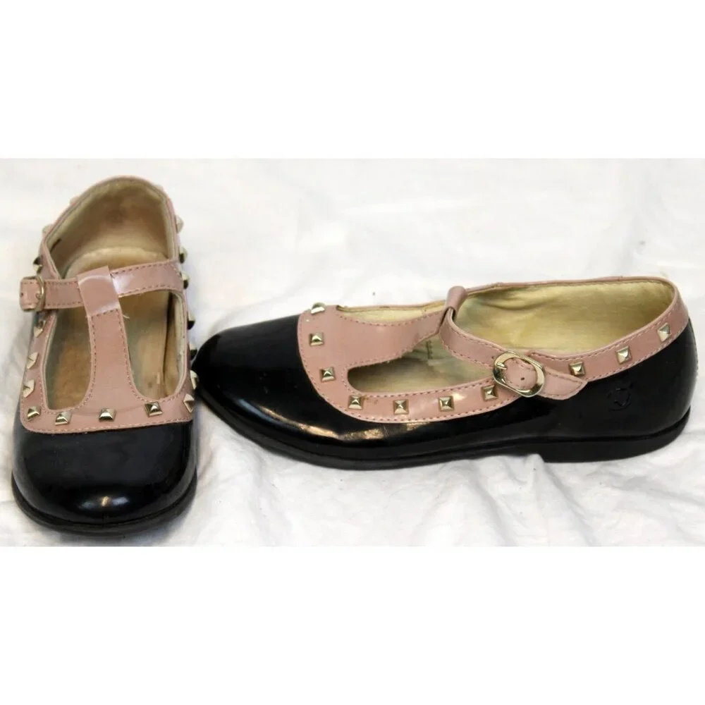 Naturino Black Brown 2-tone Dance Dress Shoes sz 12-12.5 Studded T-Strap Buckle